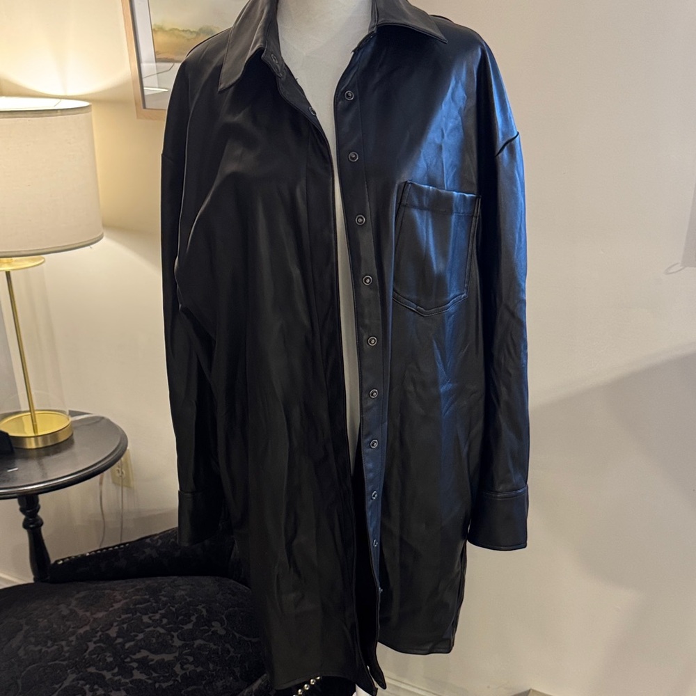 Women's Black Faux Leather Shirt Jacket with Chest Pocket
